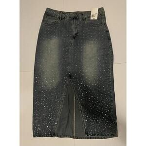 Forever 21+ Blue Denim Maxi Skirt with Rhinestone Detail Size 0X